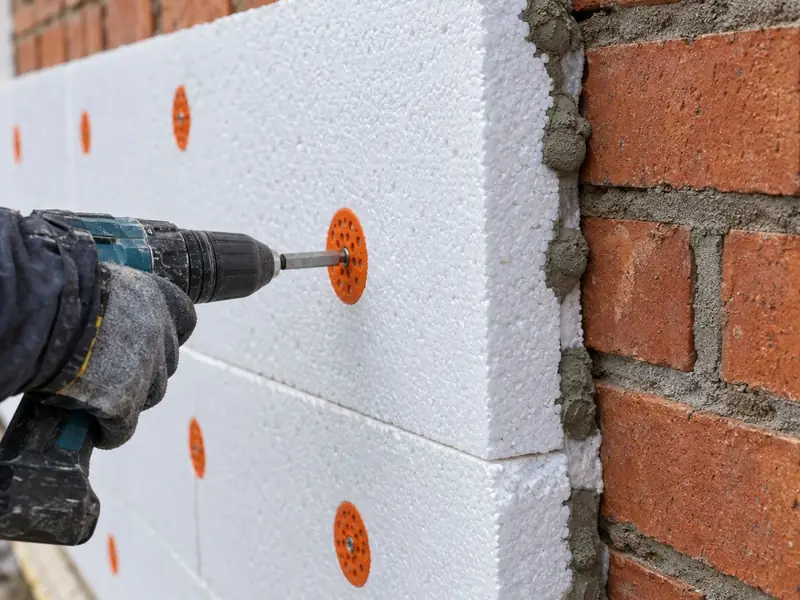 Close-up of white EPS insulation boards being fixed to a brick wall with orange-capped mechanical fixings