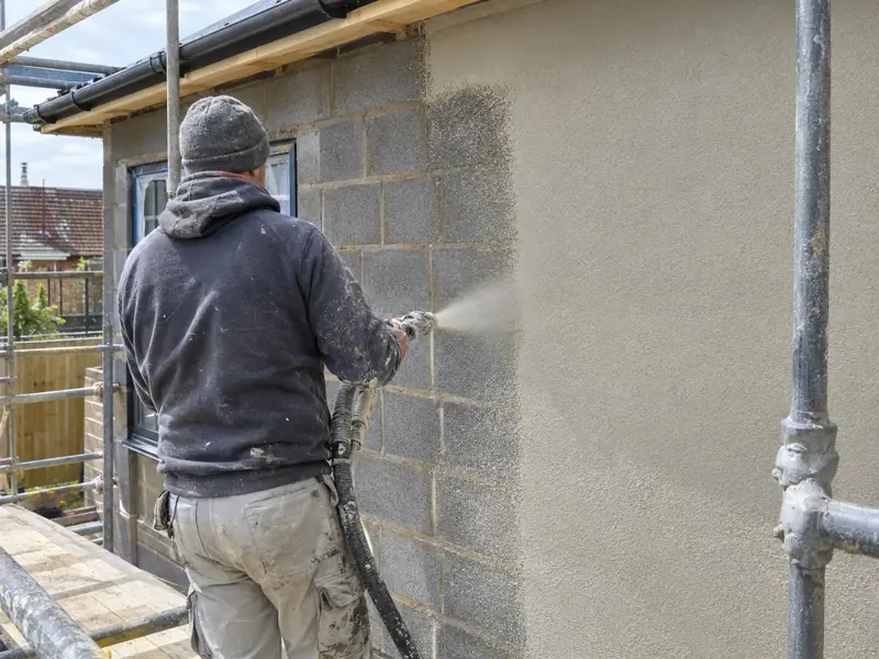 A worker spraying cream monocouche render onto the blockwork wall of a house extension