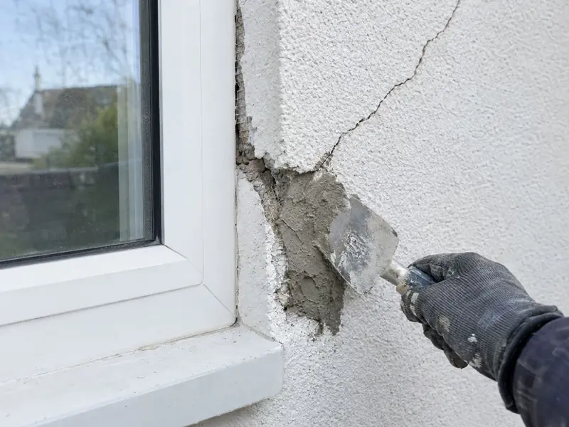 A gloved hand applying repair base coat to a cracked section of render beside a window