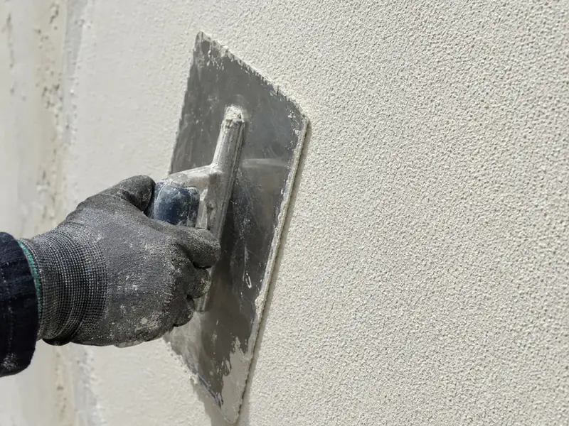 A gloved hand finishing off-white textured silicone render with a steel trowel
